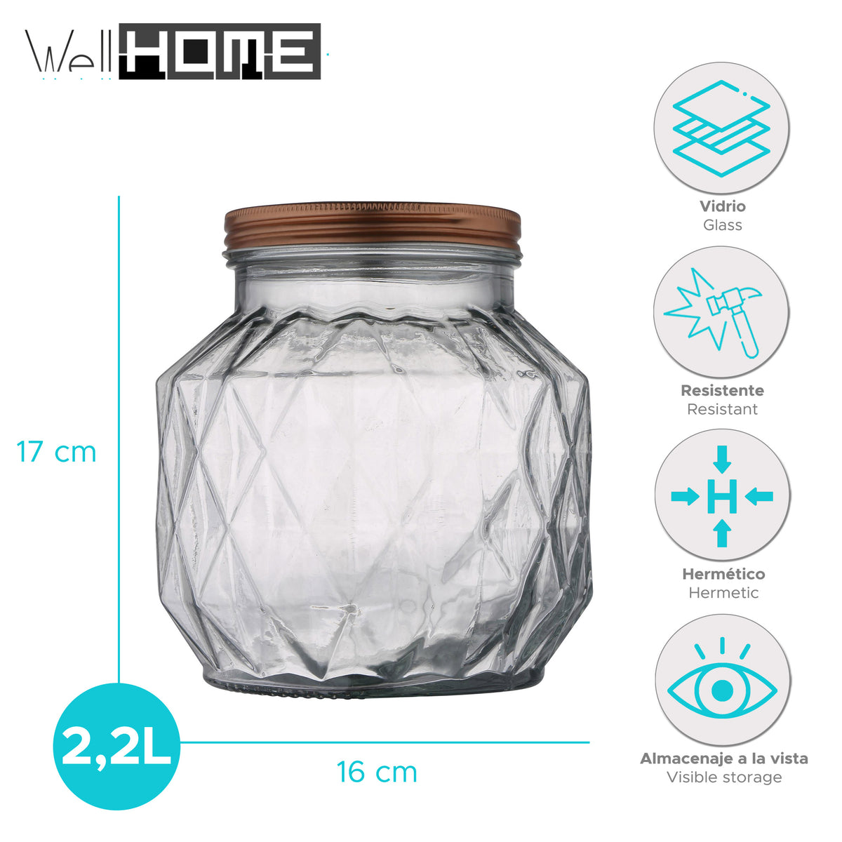 Botes de vidrio con tapa 2,2 L para cocina pack 2 uds (2)
