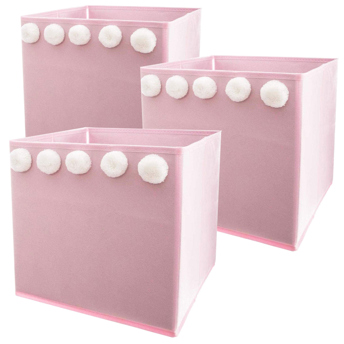 Set 3 cajas almacenamiento infantil con pompones rosa 29x29x29 cm