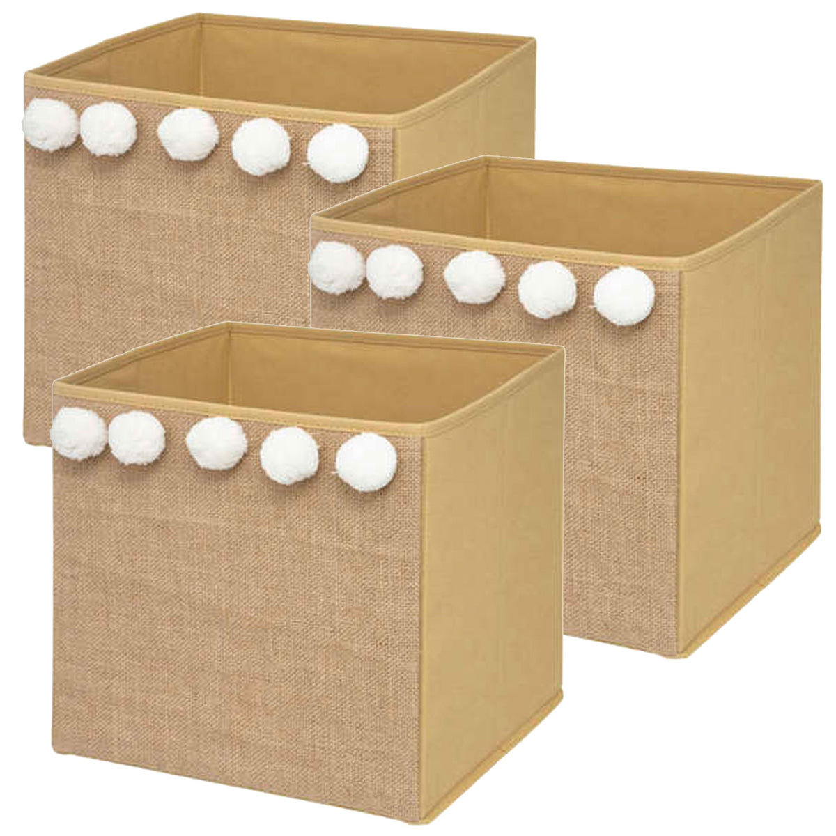 Set 3 cajas almacenaje infantil yute pompones 29x29cm