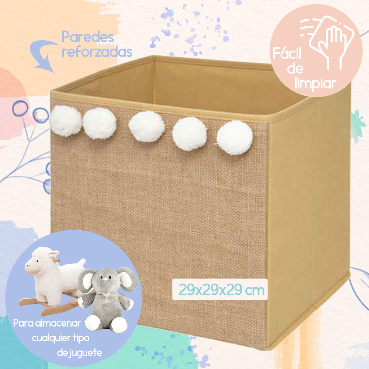 Set 3 cajas almacenaje infantil yute pompones 29x29cm (2)