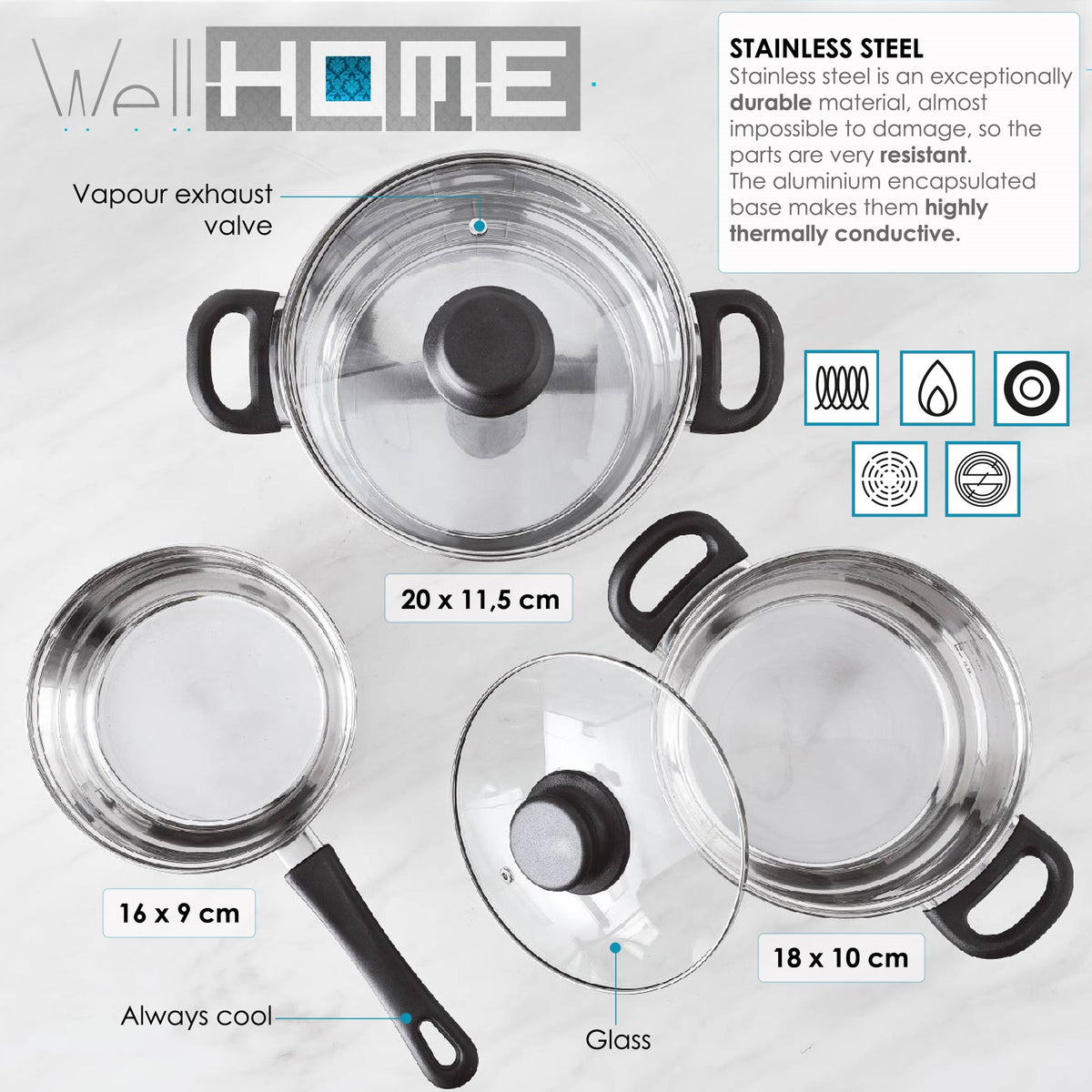 Batería cocina 5pzs acero inox + set 3 sartenes alu (12)