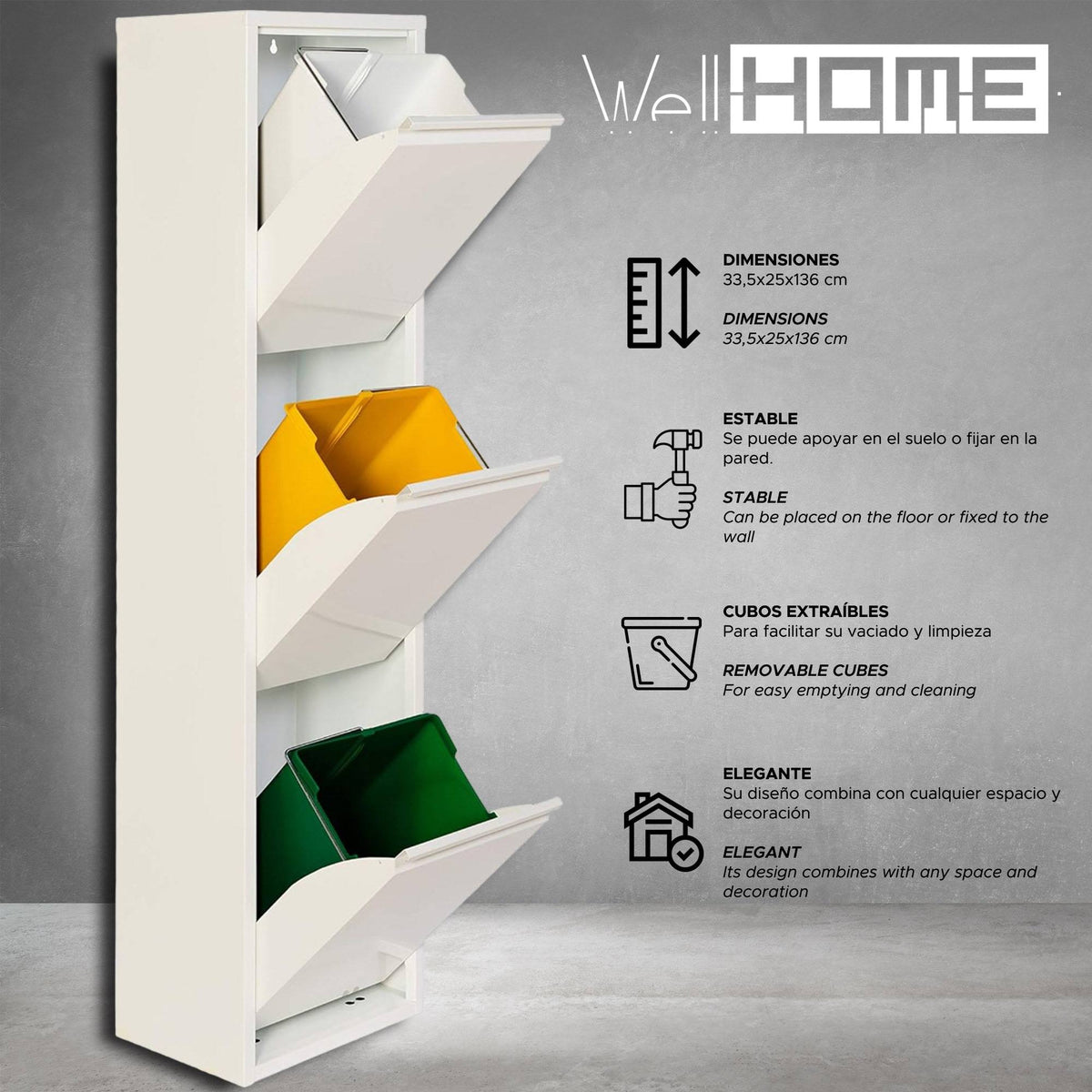 Cubo de reciclaje metálico 3 compartimentos 3x17L blanco mate (2)