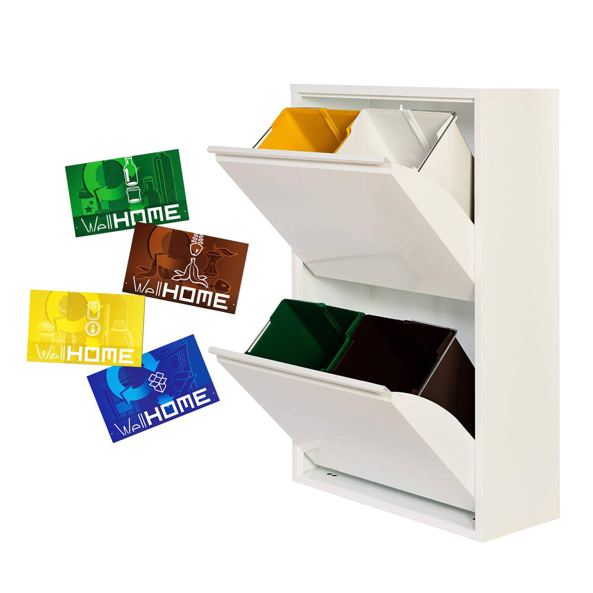 Cubo de reciclaje metálico 4 compartimentos 4x17L blanco mate