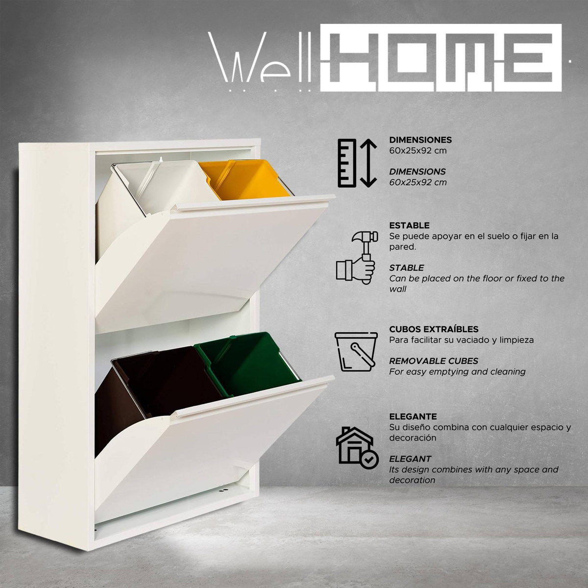 Cubo de reciclaje metálico 4 compartimentos 4x17L blanco mate (2)