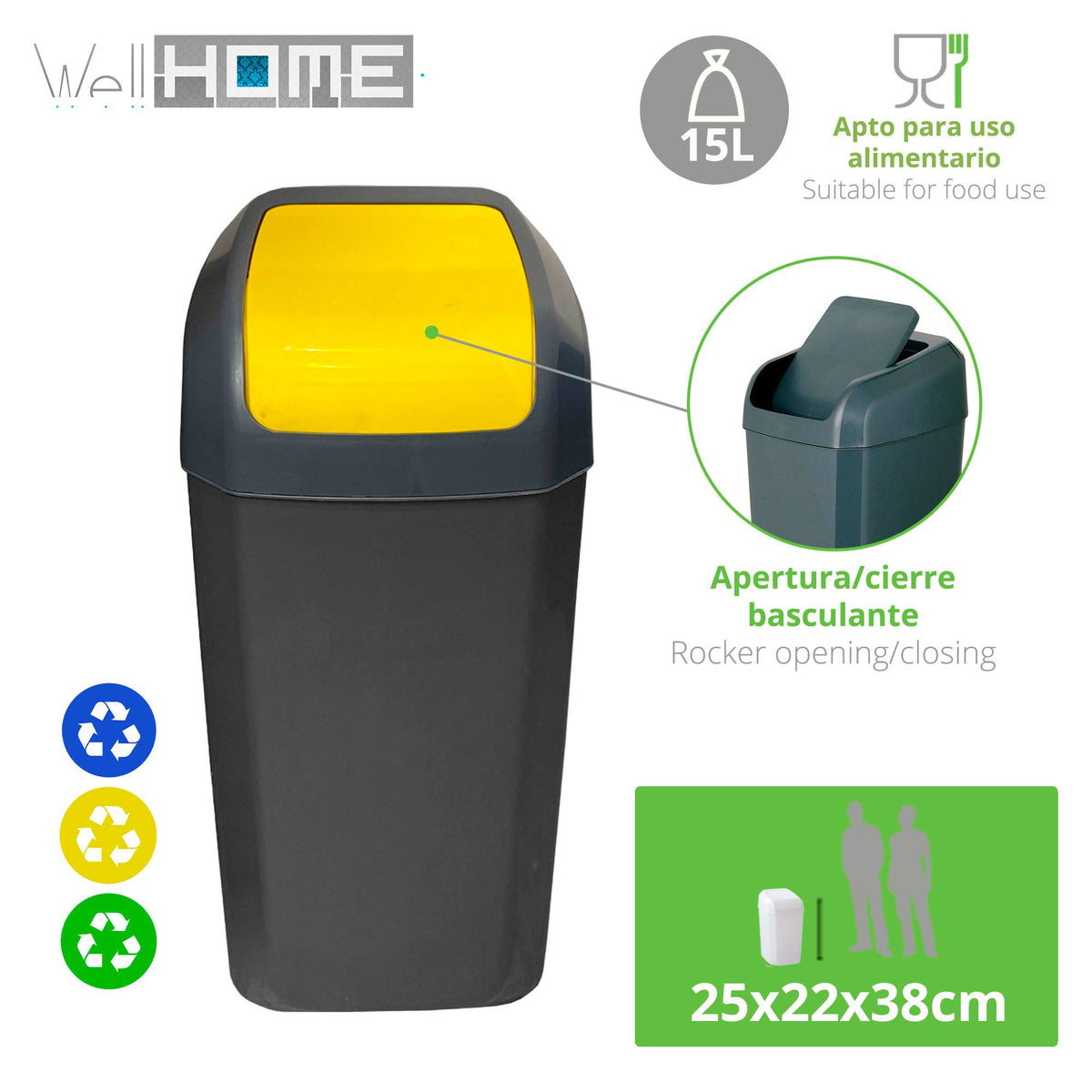 Set 2 papeleras con tapa basculante 15L/u amarillo (2)