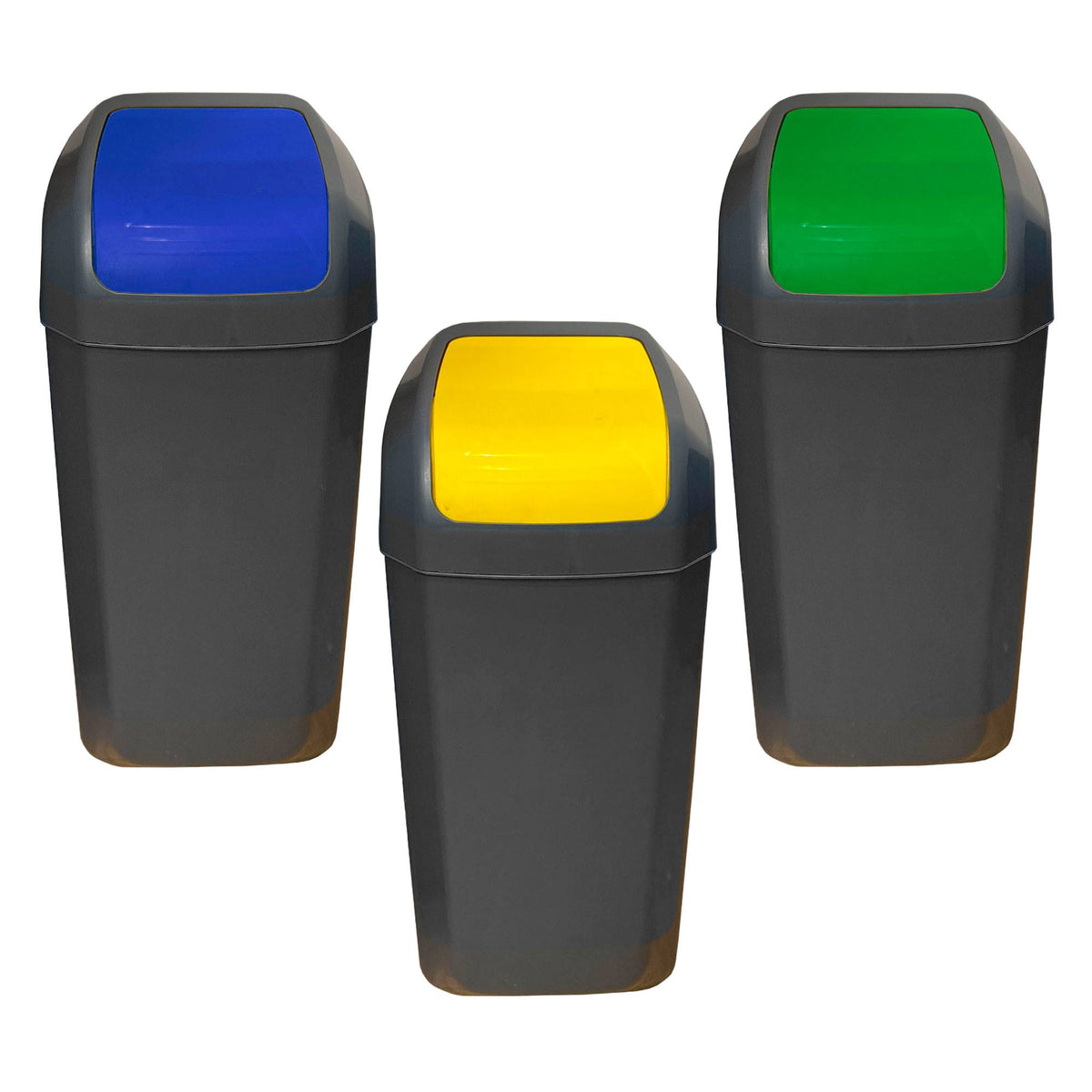 Set 3 papeleras con tapa basculante 15L/u verde, azul y amarillo