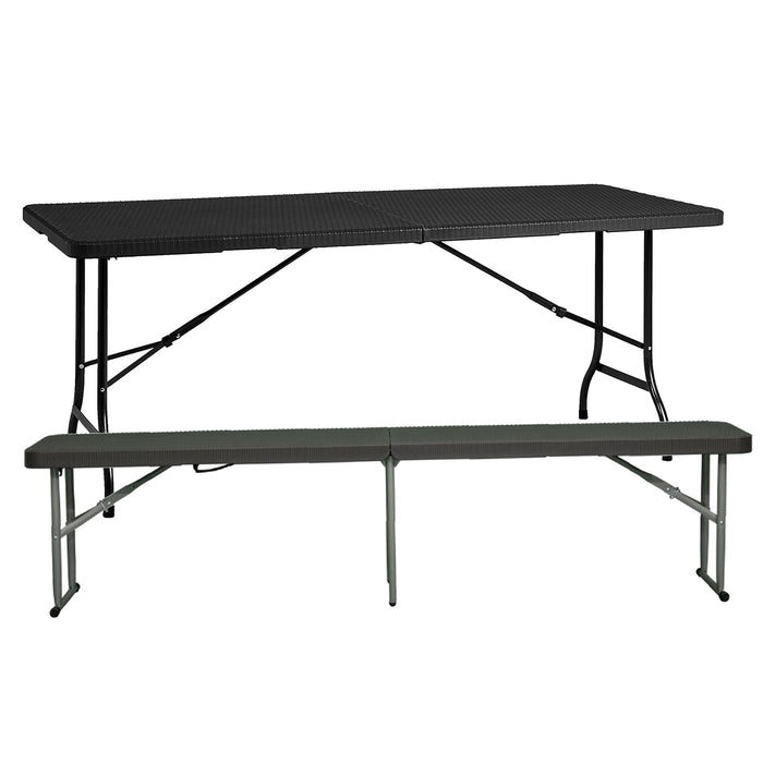 Mesa plegable efecto ratán 180x74cm + banco 183x30cm