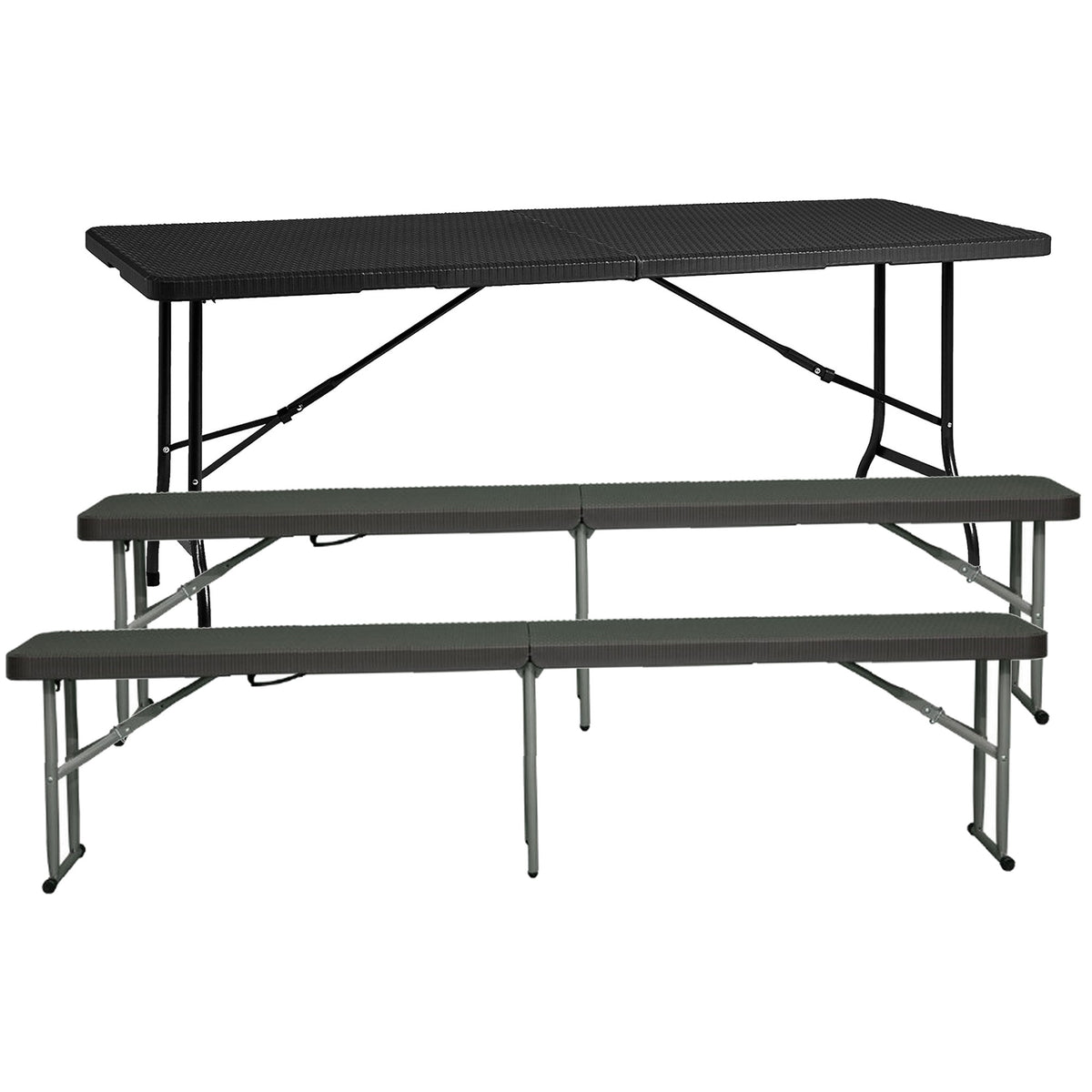 Mesa plegable efecto ratán 180x74cm + 2 bancos plegables