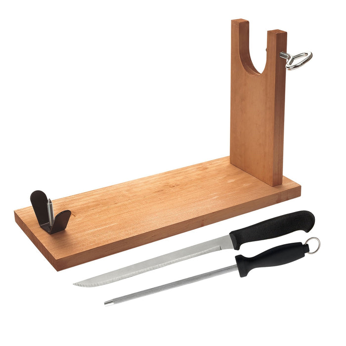 Jamonero madera herraje V + cuchillo jamonero 25cm
