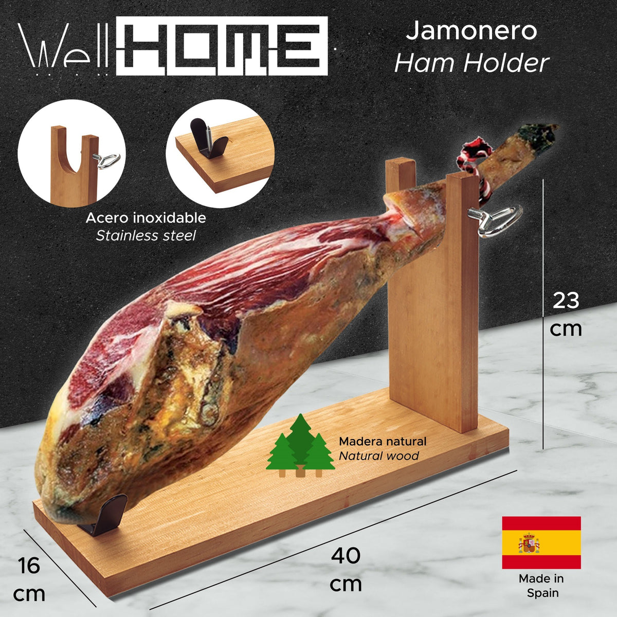 Jamonero madera herraje V + cuchillo jamonero 25cm (2)