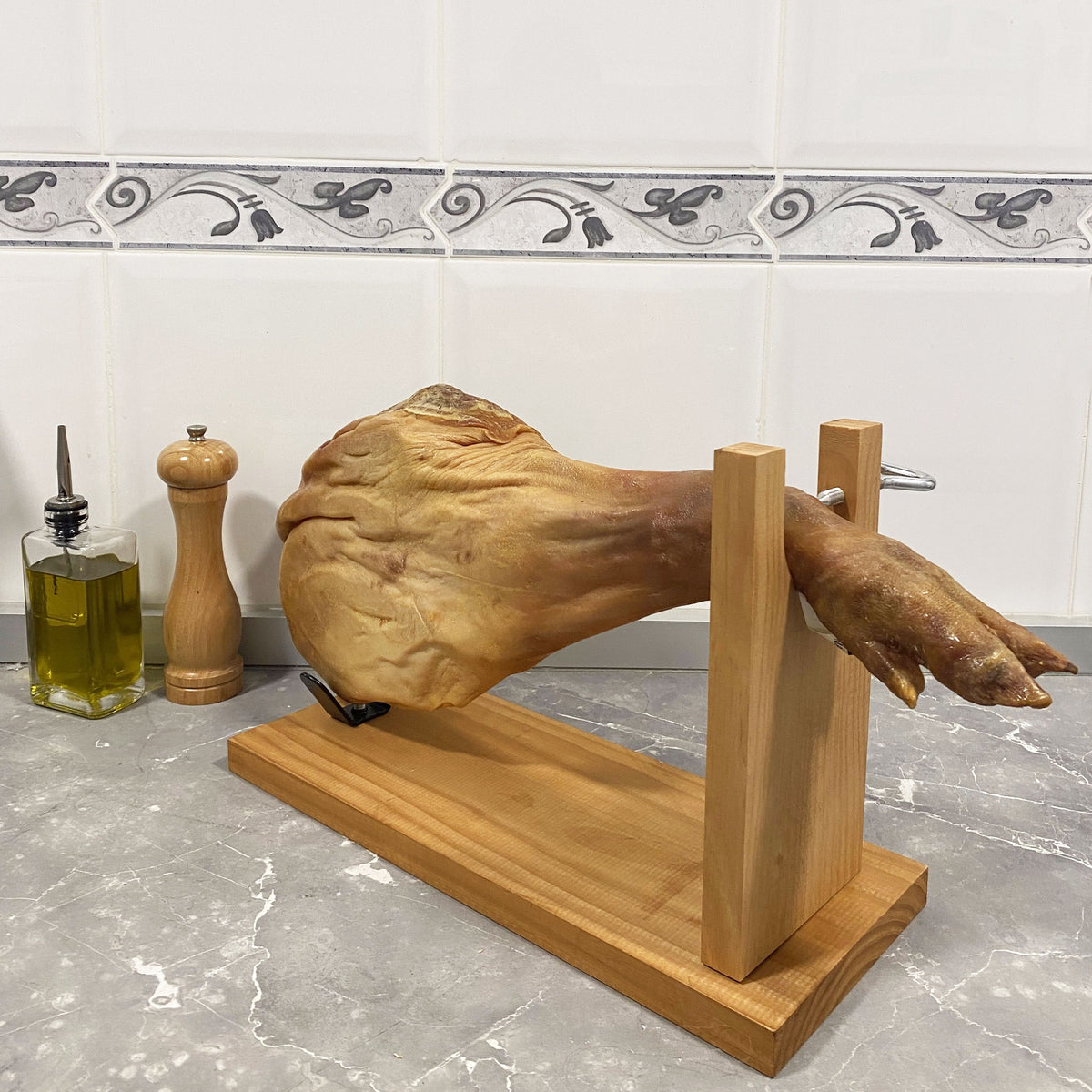 Jamonero madera herraje V + cuchillo jamonero 25cm (4)