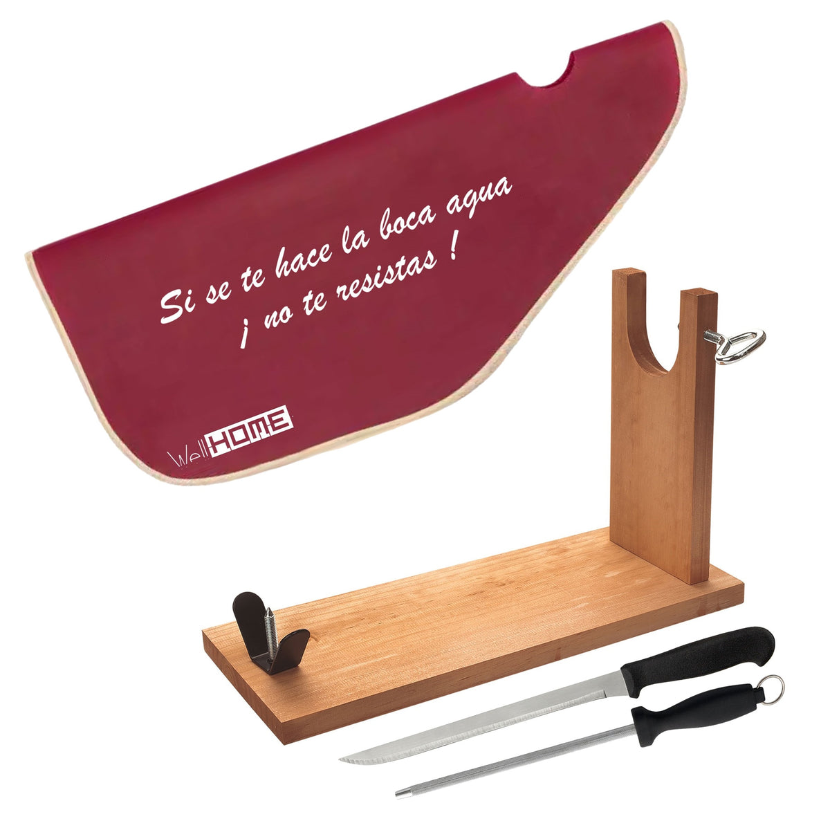 Jamonero madera herraje V + cuchillo jamonero + funda