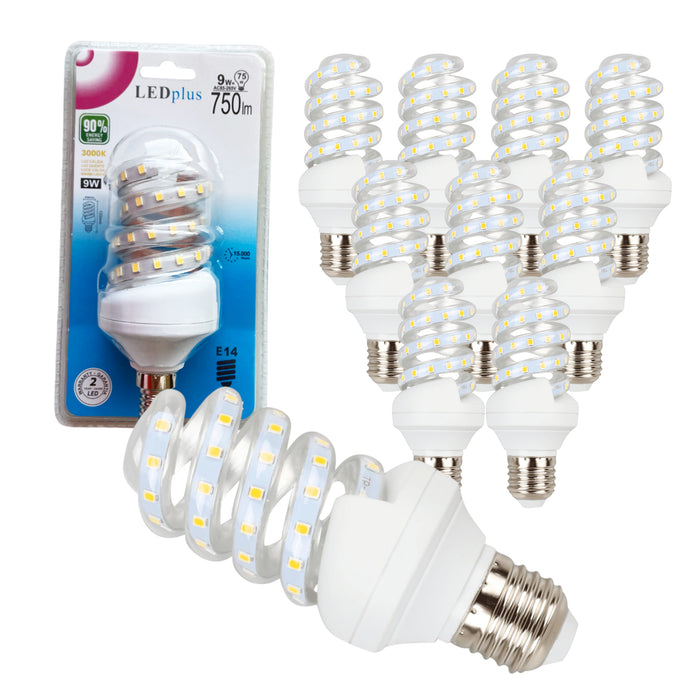 Set 10 bombillas LED espiral luz cálida 9W 750 lm 3000K
