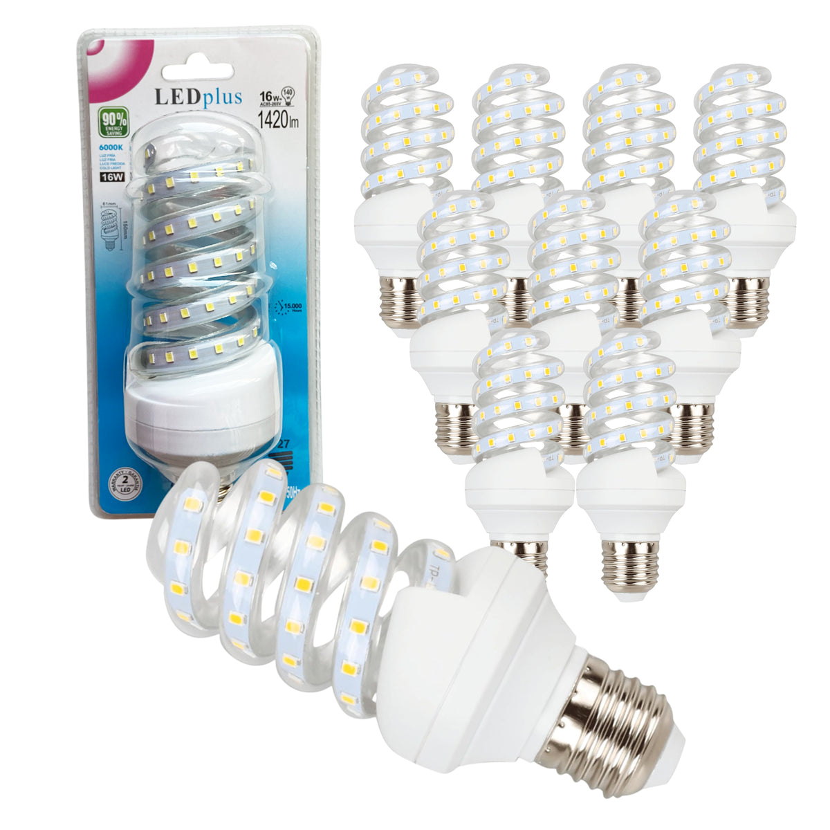 Set 10 bombillas LED espiral luz fría 16W 1420 lm 6000K 150x61 mm