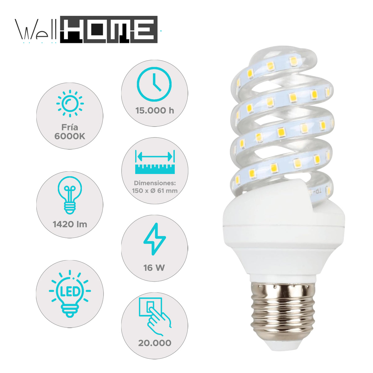 Set 10 bombillas LED espiral luz fría 16W 1420 lm 6000K 150x61 mm (2)