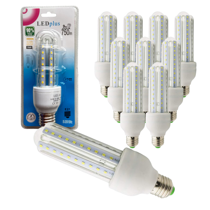 Set 10 bombillas LED rectas luz cálida 9W 750 lm 3000K