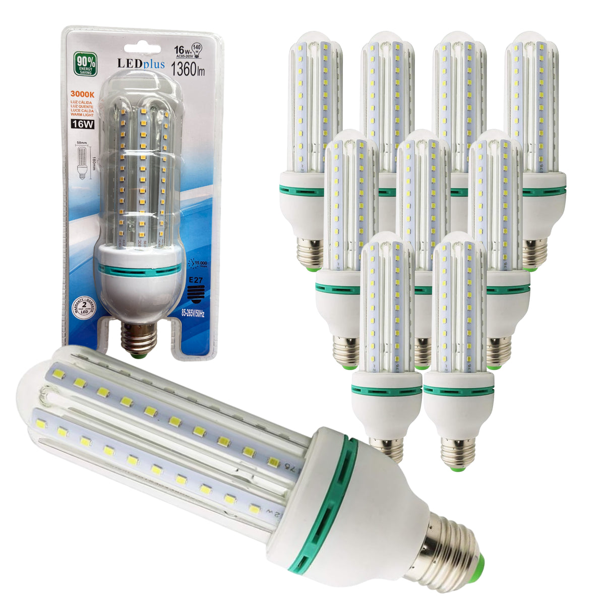 Set 10 bombillas LED rectas luz cálida 16W 1360 lm 3000K