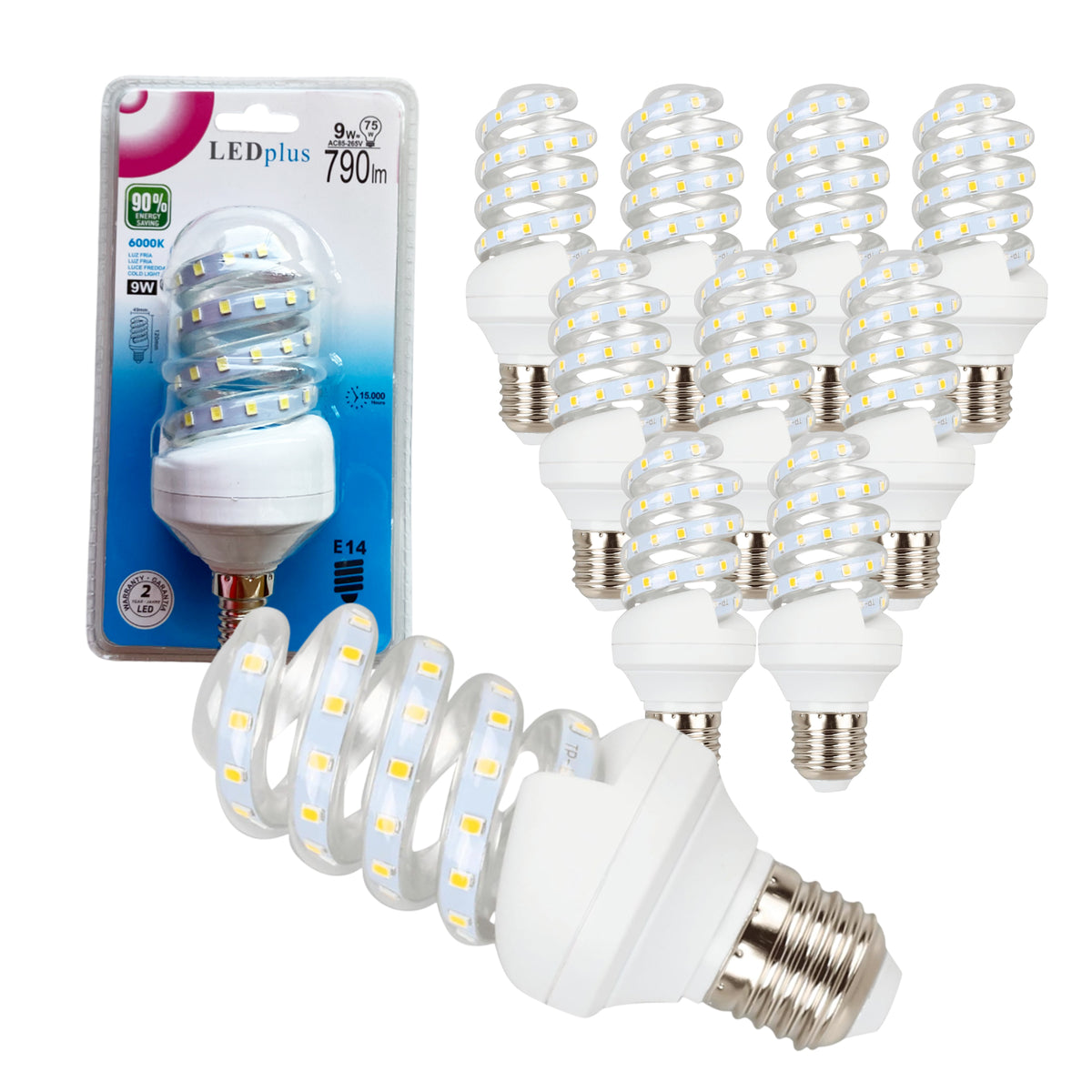 Set 10 bombillas LED espiral luz fría 9W 790 lm 6000K 120x49 mm