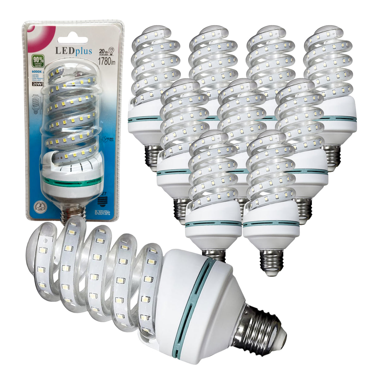 Set 10 bombillas LED espiral luz fría 20W 1780 lm 6000K 165x61 mm