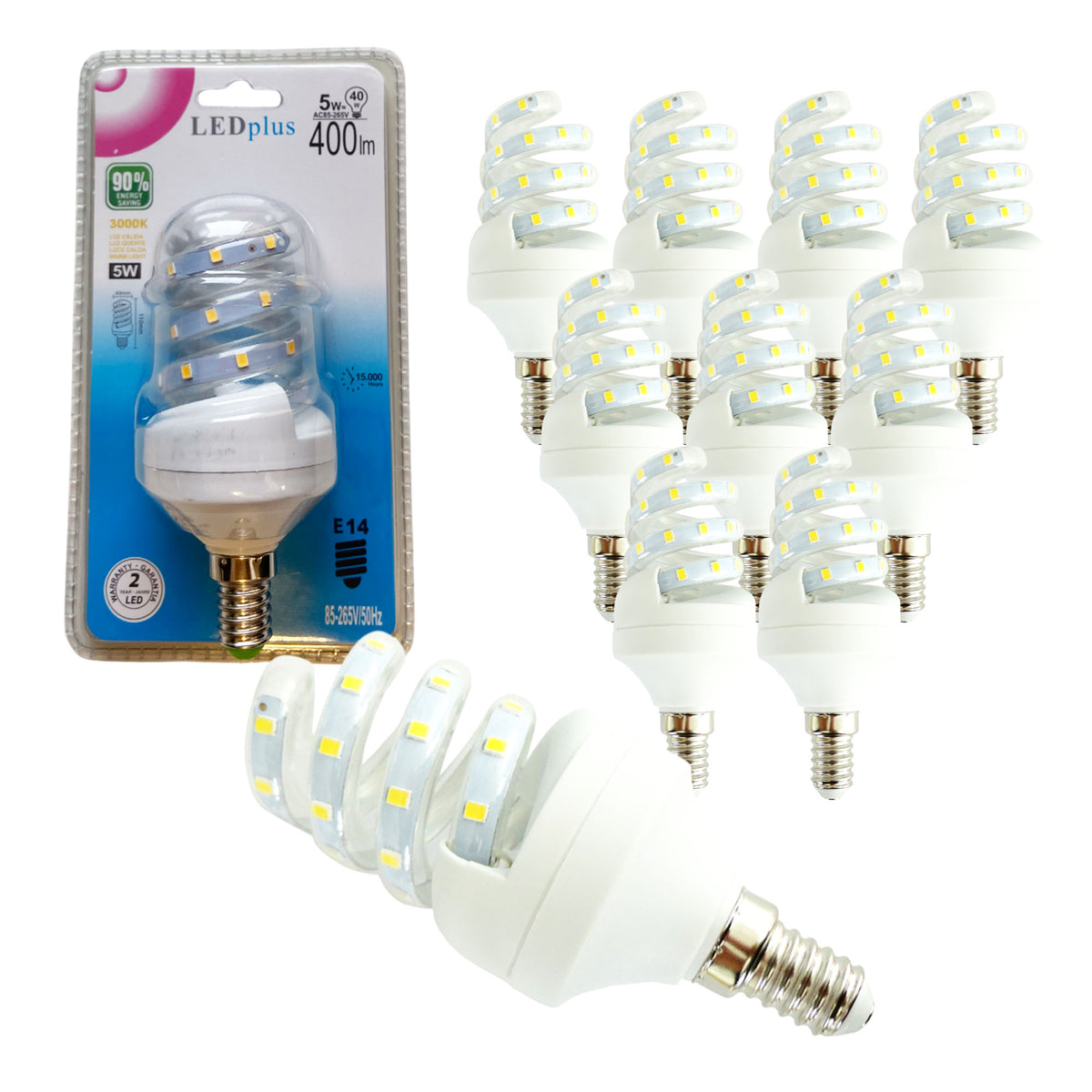 Set 10 bombillas LED espiral luz cálida 5W 400 lm 3000K 110x49 mm