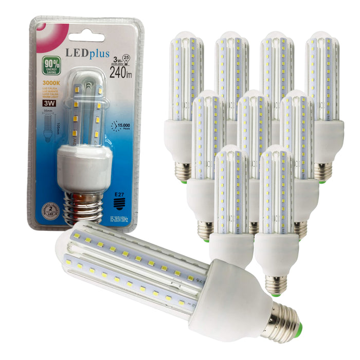 Set 10 bombillas LED rectas luz cálida 3W 240 lm 3000K