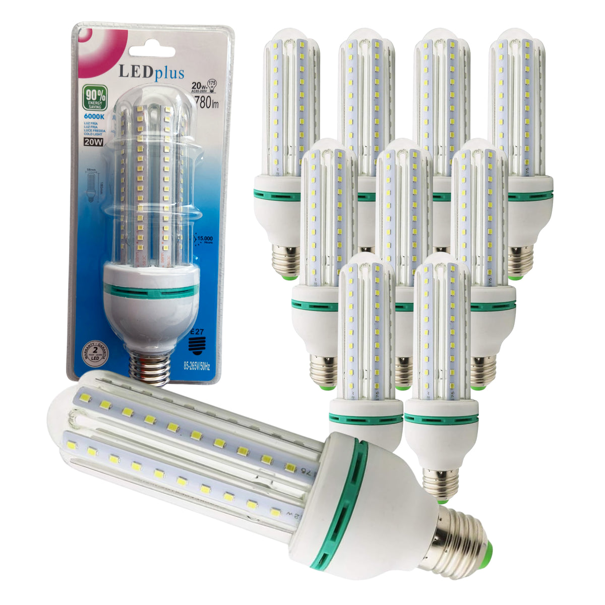 Set 10 bombillas LED rectas luz fría 20W 1780 lm 6000K 180x58 mm