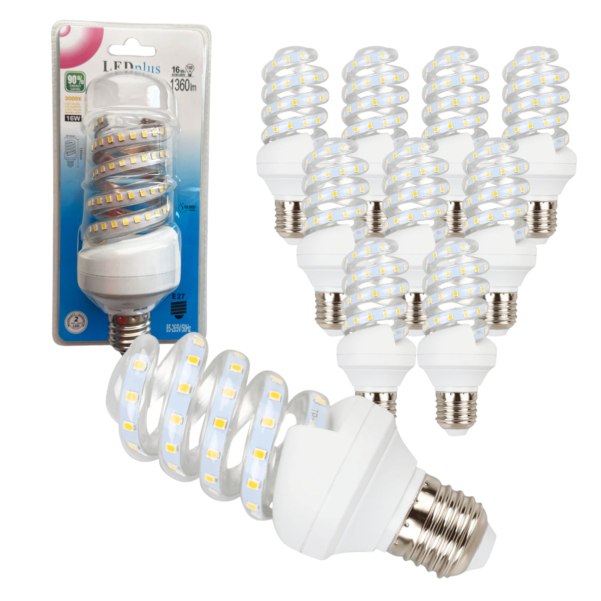 10 bombillas LED 16W luz cálida espiral 3000K 150x61mm