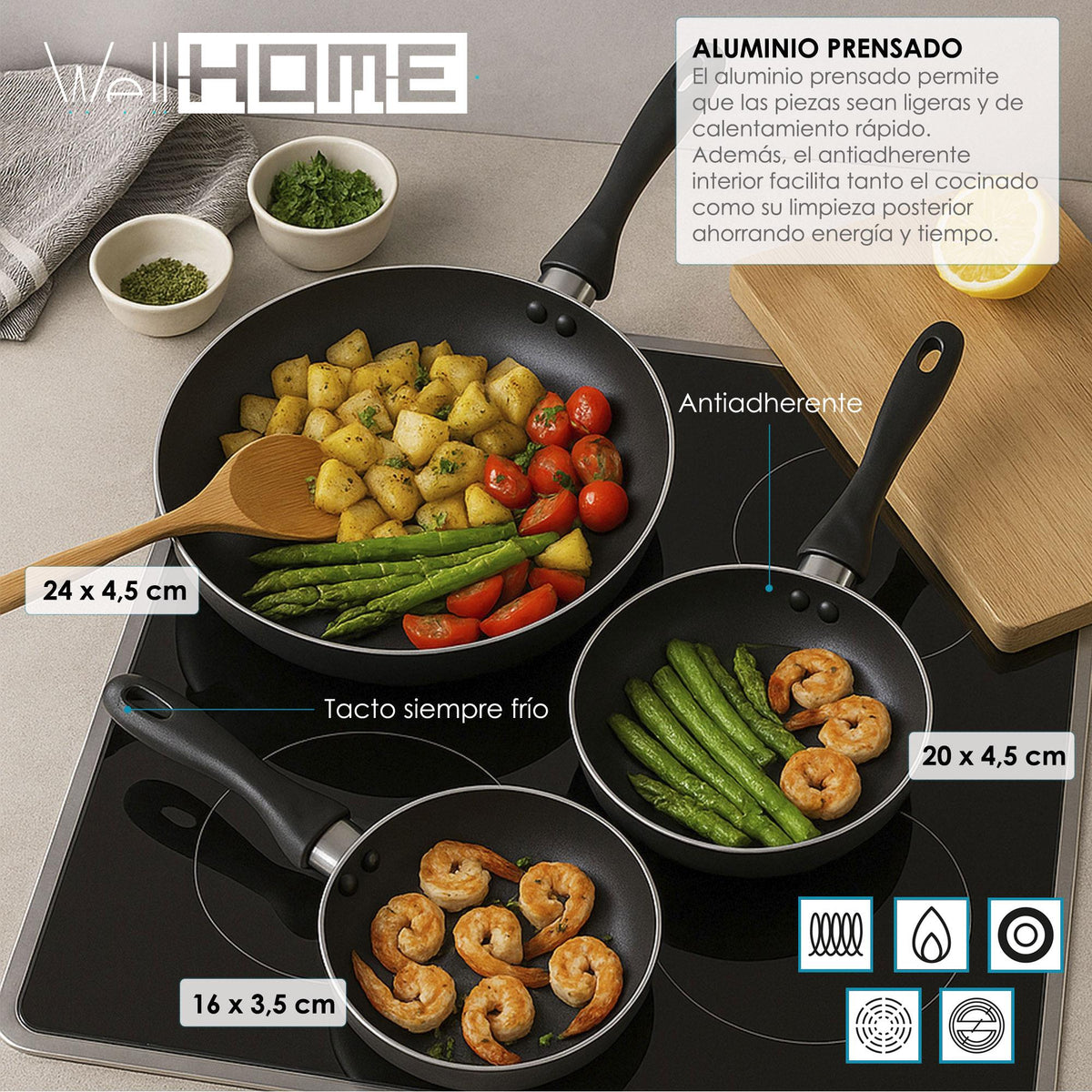 Batería 5pzs acero inox + 3 sartenes alu gris metalizado (3)