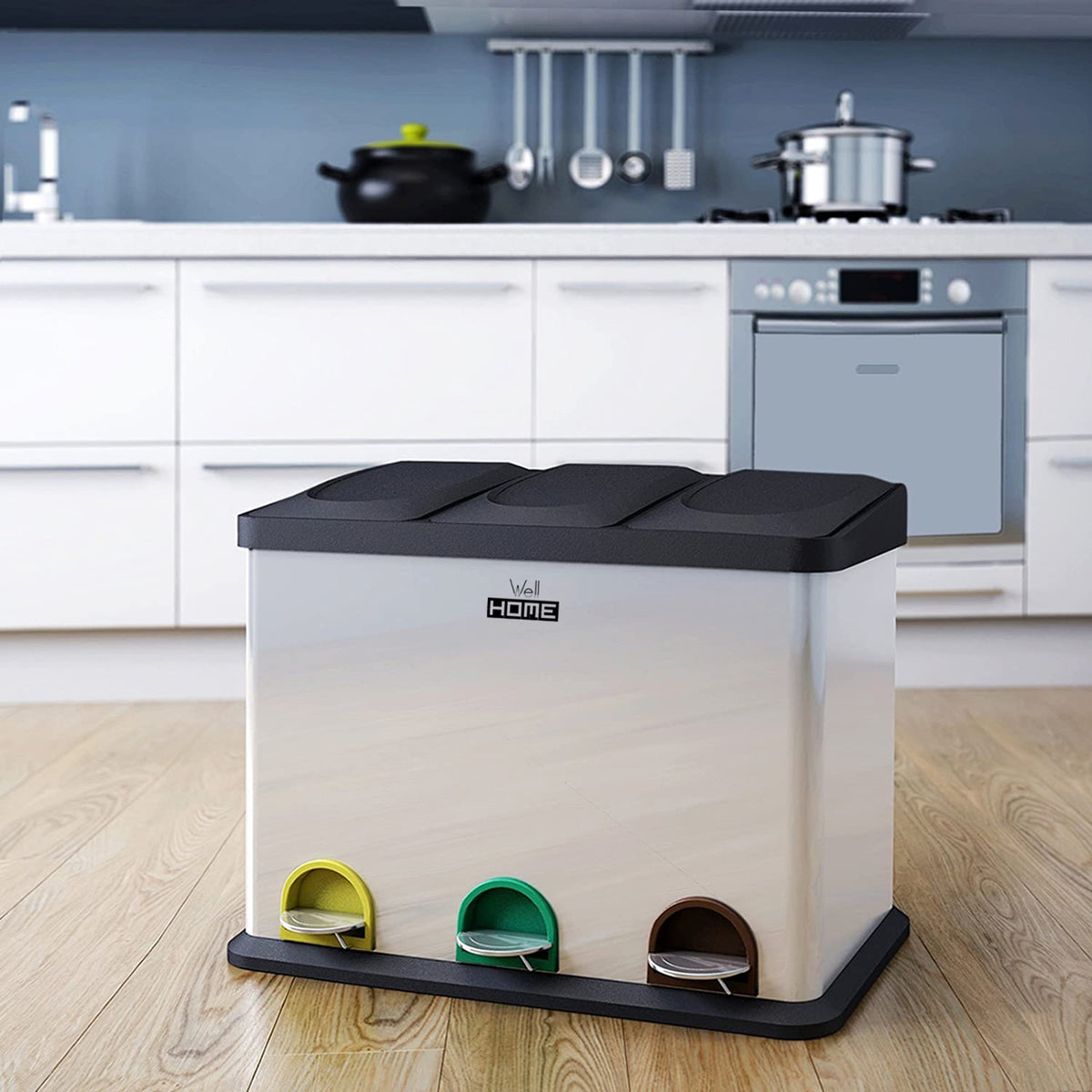 Cubo de reciclaje 45 L 3 compartimentos plata (11)