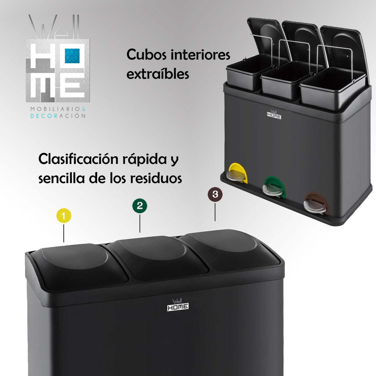 Cubo de reciclaje 45 L 3 compartimentos plata (3)