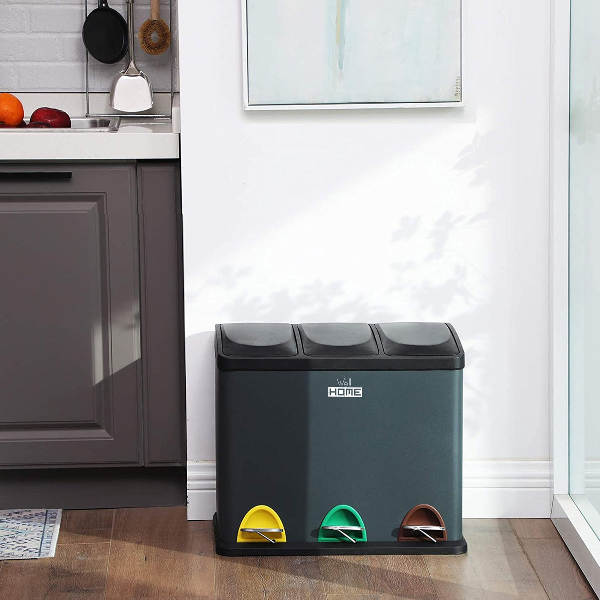 Cubo de reciclaje 45 L 3 compartimentos plata (11)