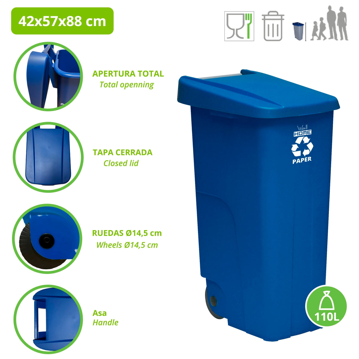 Contenedor de reciclaje papel y cartón 110L azul con ruedas (2)