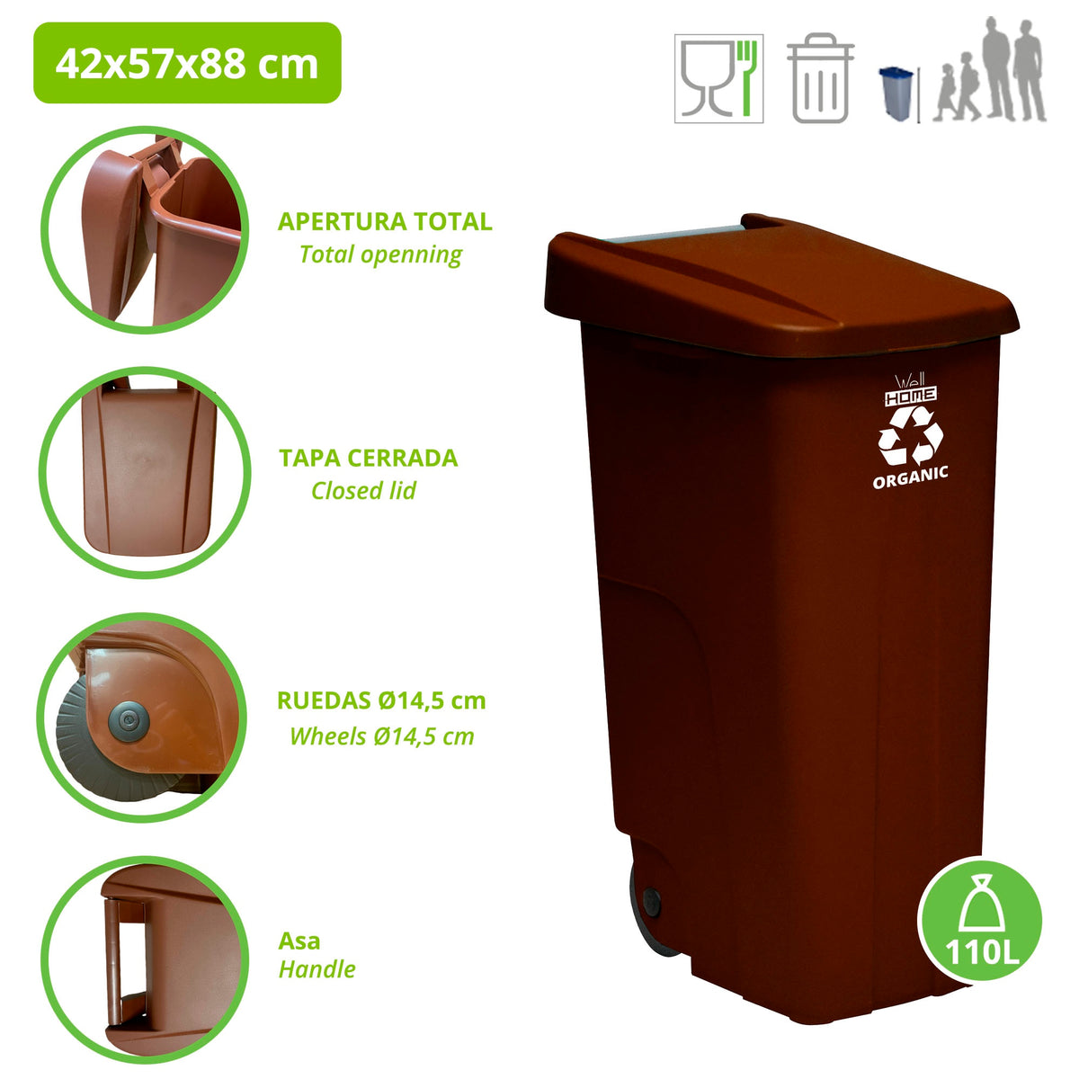 Contenedor de reciclaje Reciclo 110L orgánico con ruedas marrón (2)