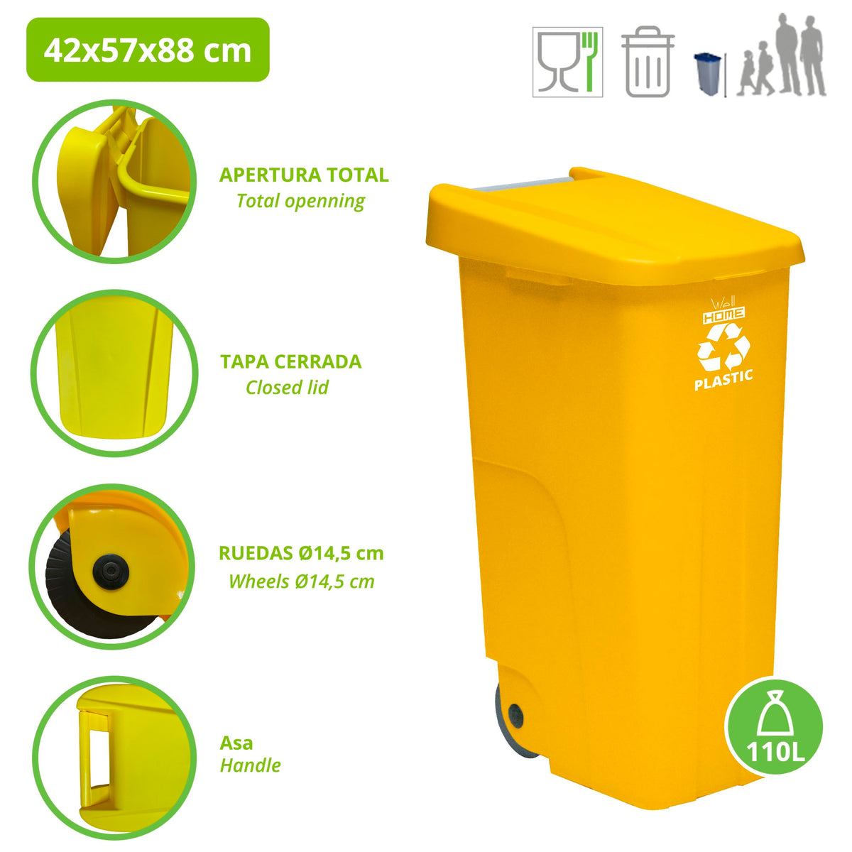 Contenedor de reciclaje plásticos 110L amarillo con ruedas (2)