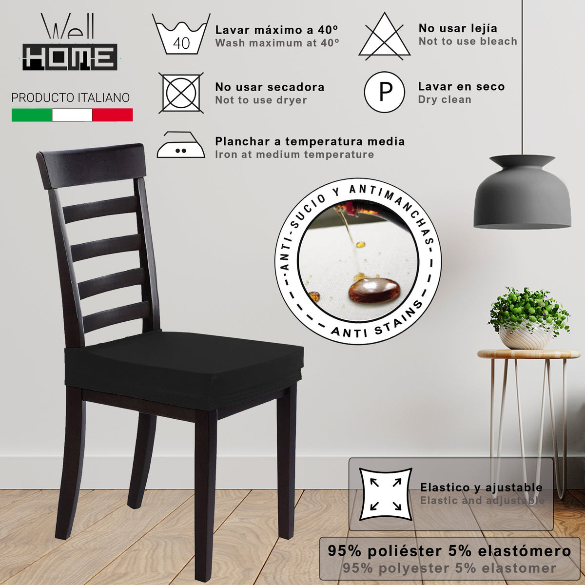 Set 2 fundas de sillas sin respaldo antimanchas negro (2)