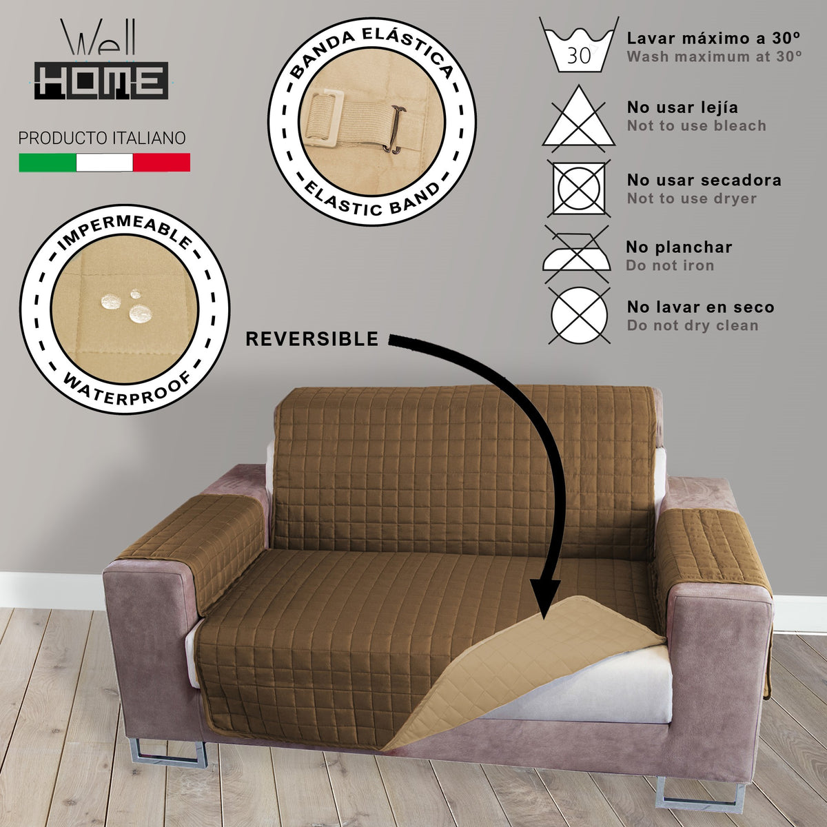 Funda de sofá 4 plazas antimanchas reversible moka y arena (2)