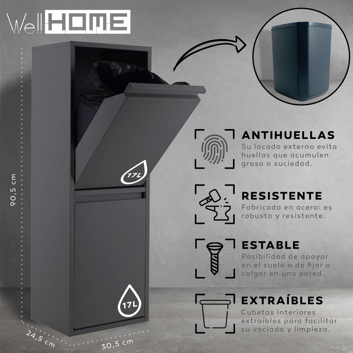 Cubo reciclaje acero 2 compartimentos antracita 90,5cm (3)
