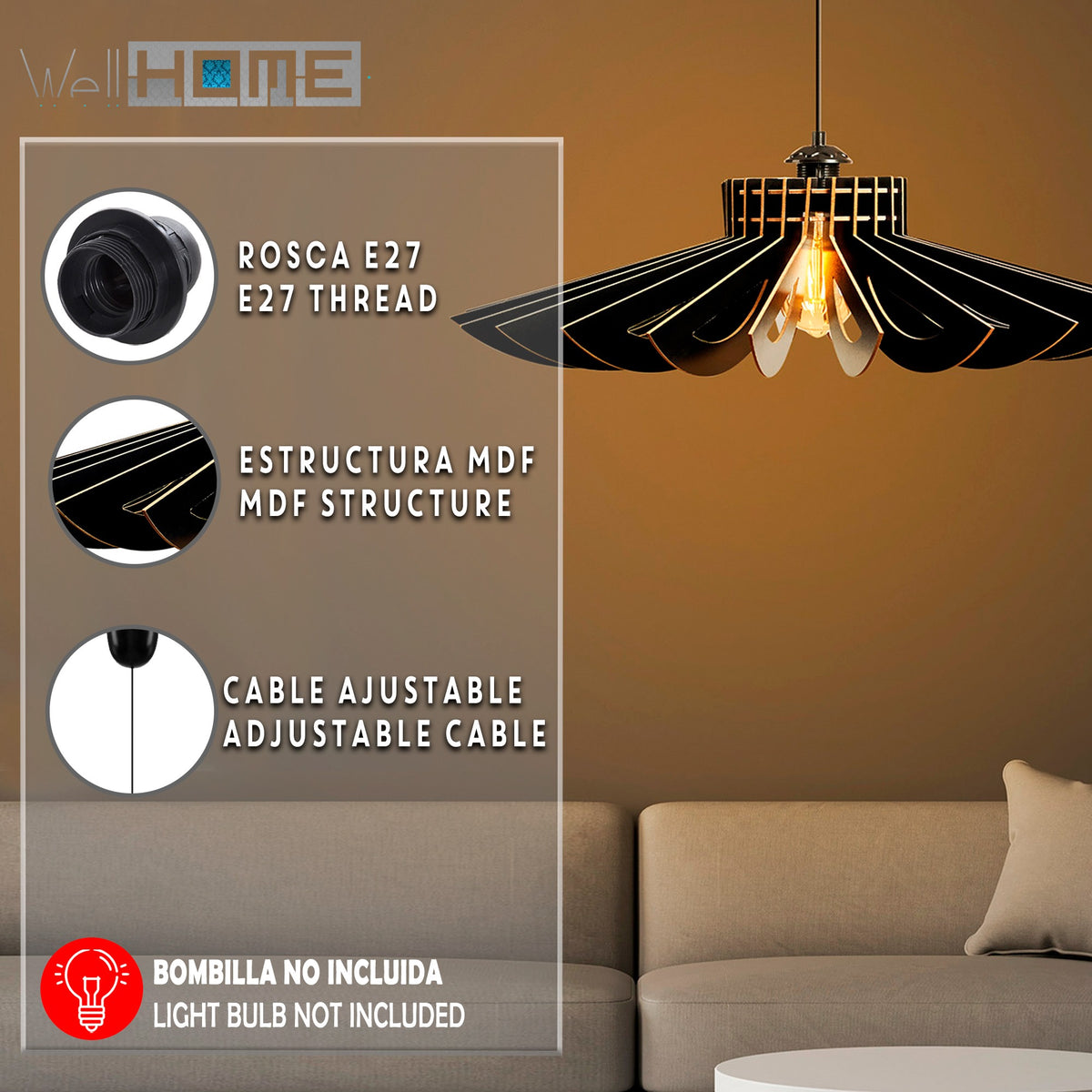 Lámpara de techo 50 cm negro casquillo E27 max 60W (2)