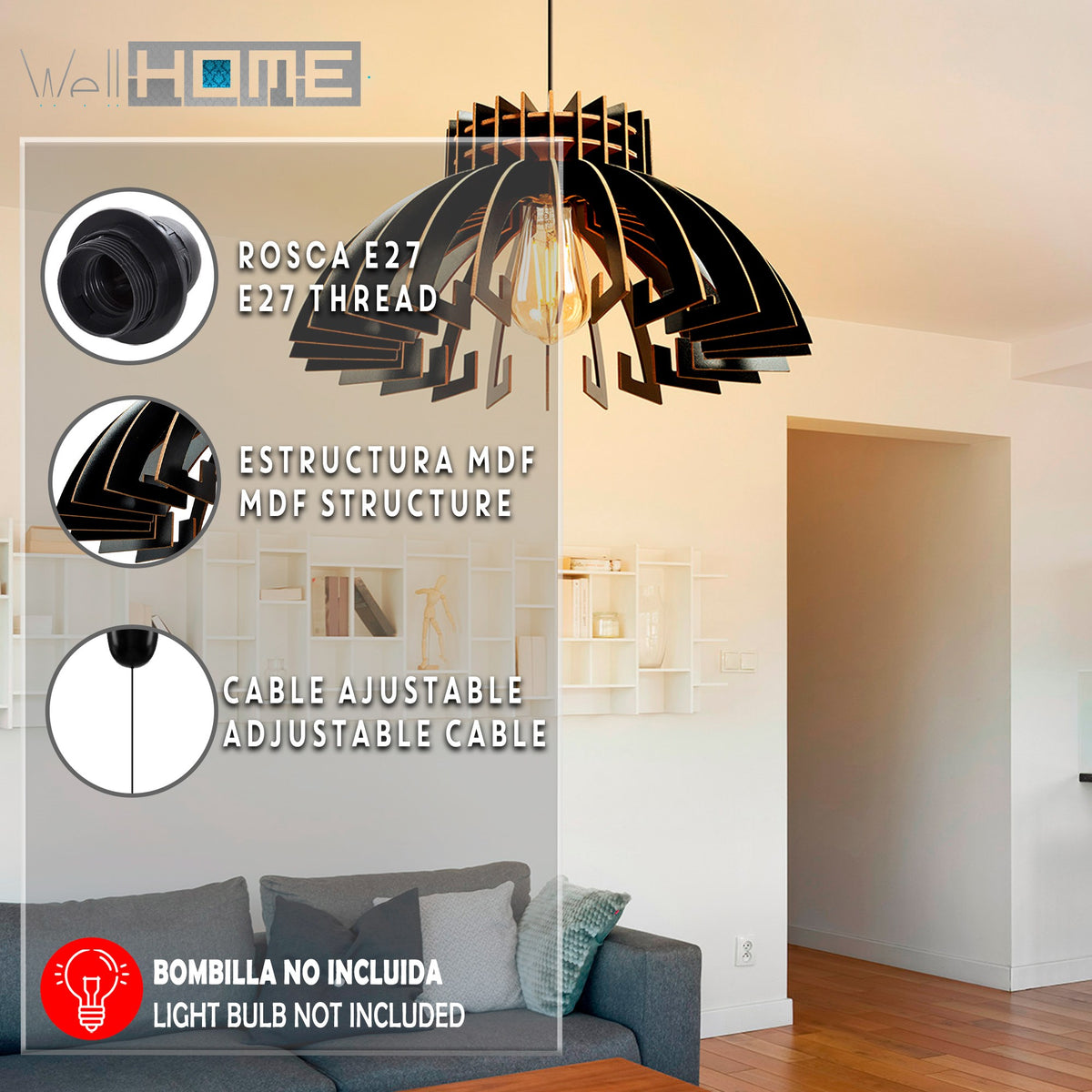 Lámpara de techo 65 cm negro casquillo E27 max 60W (2)