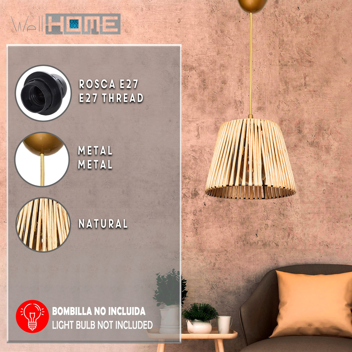 Lámpara de techo 75 cm natural rústica colección Ness E27 Max 60W (2)