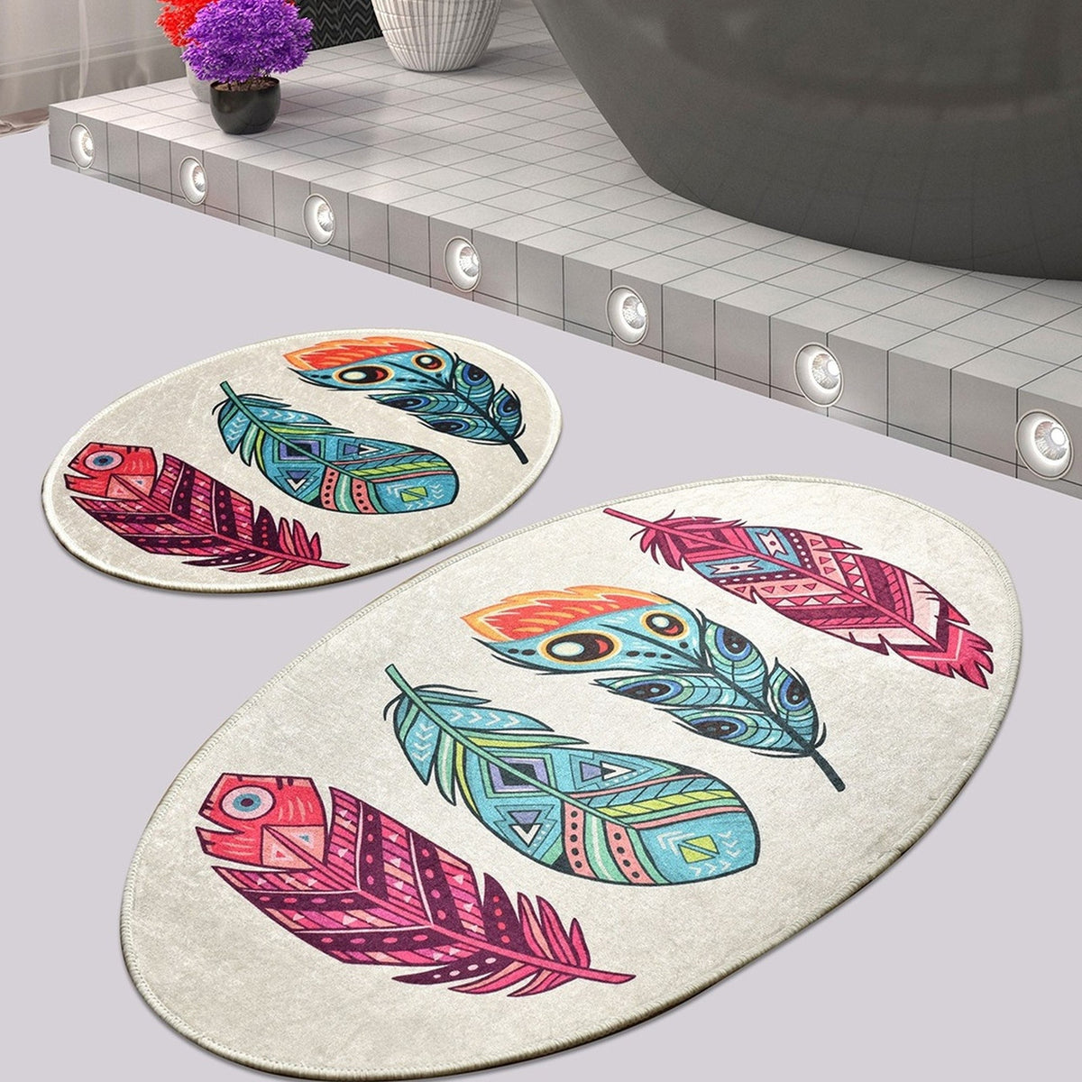 Set alfombras de baño 2 pzs plumas de colores (4)
