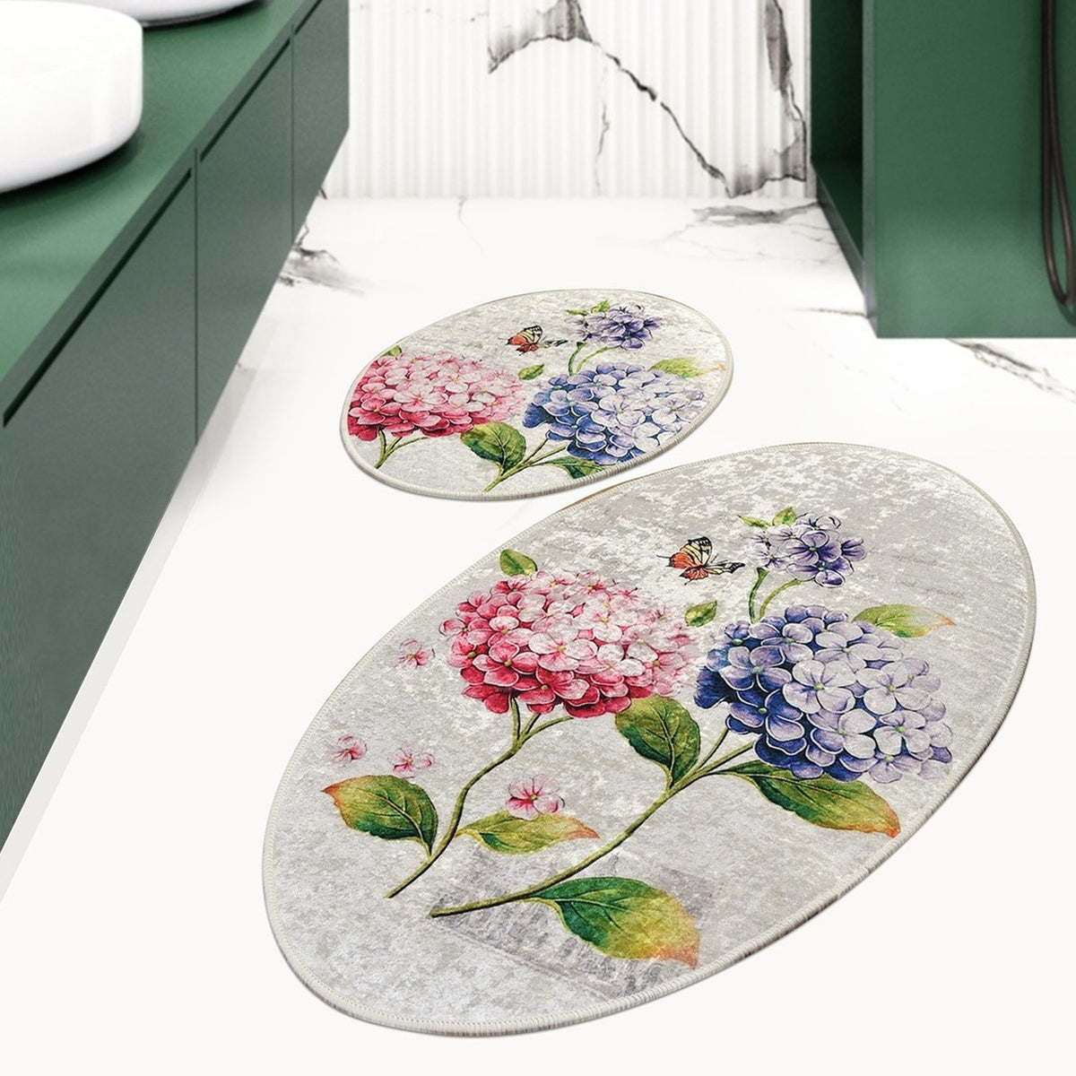 Set alfombras de baño 2 pzs flores rosa y lila (3)