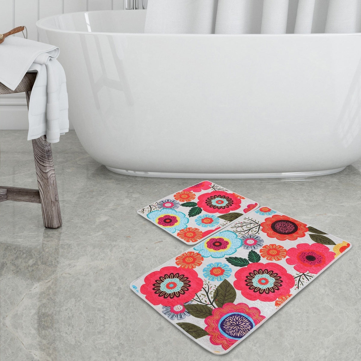 Set alfombras de baño 2 pzs flores rosas azules y naranjas (3)