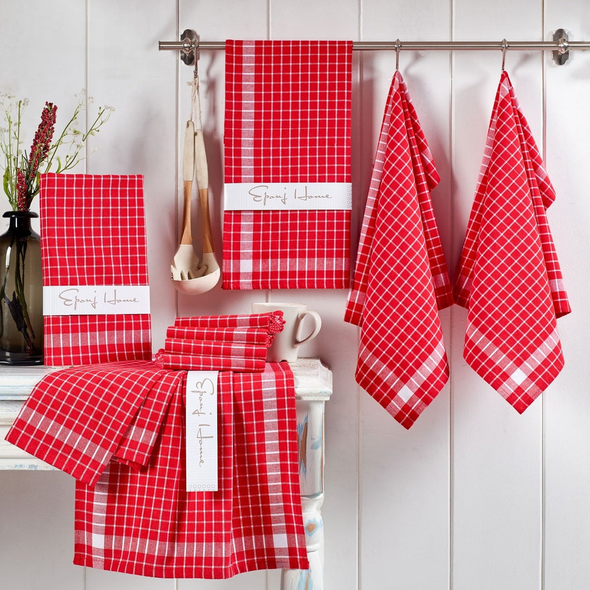 Set paños de cocina 10 pzs rojo y blanco (5)