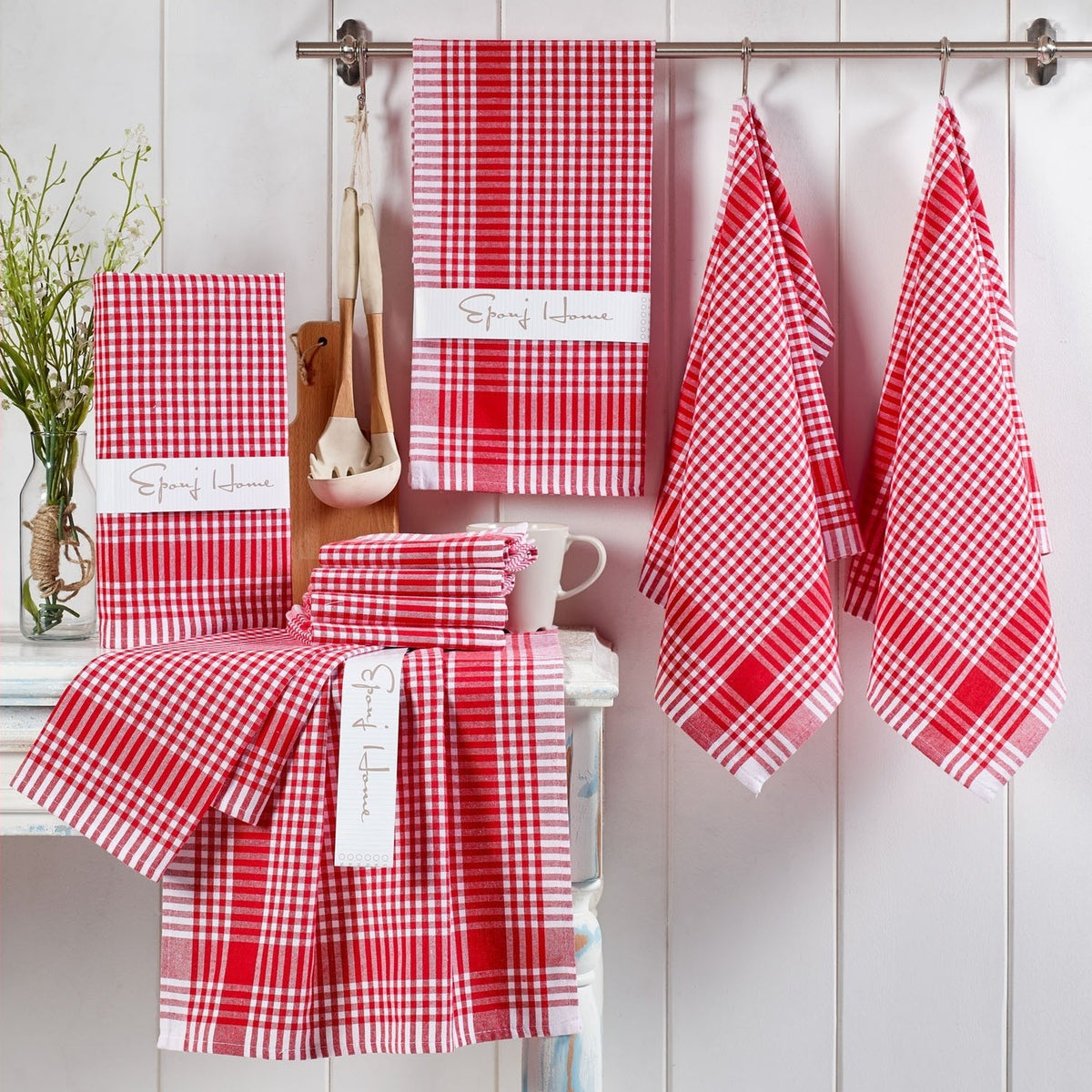 Set paños de cocina 10 pzs rojo claro y blanco (5)