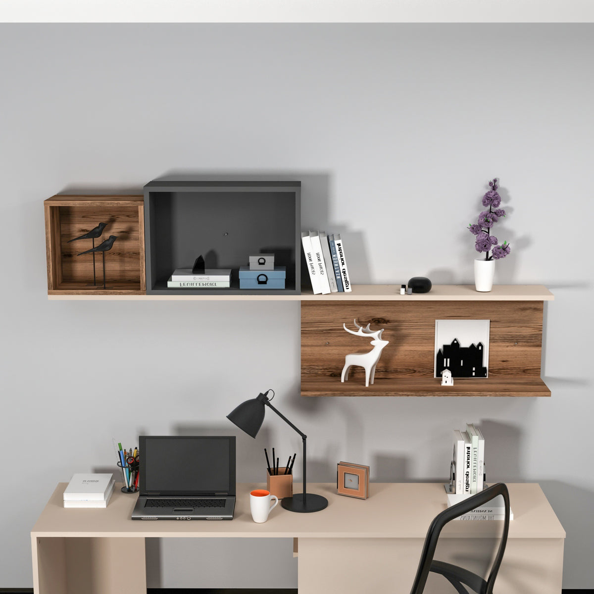 Estantería de pared beige y nogal claro 80x180x19 cm (4)
