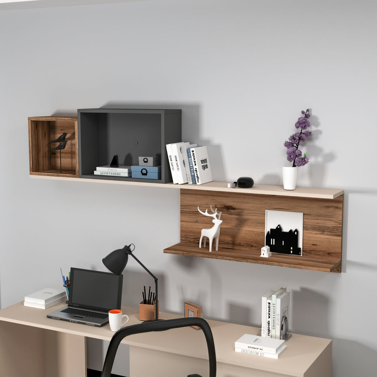 Estantería de pared beige y nogal claro 80x180x19 cm (5)