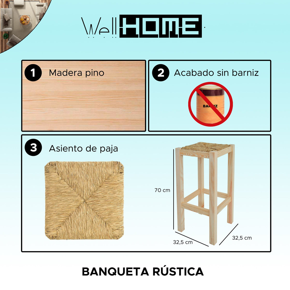 Banqueta rústica alta cuadrada madera sin barniz 32x32x70 cm (2)