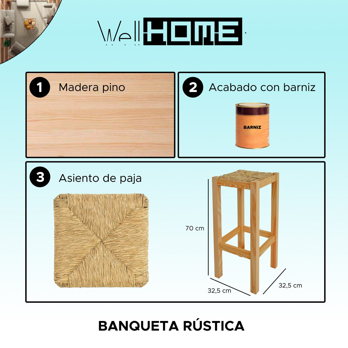 Banqueta rústica alta cuadrada madera barniz 32x32x70 cm (2)