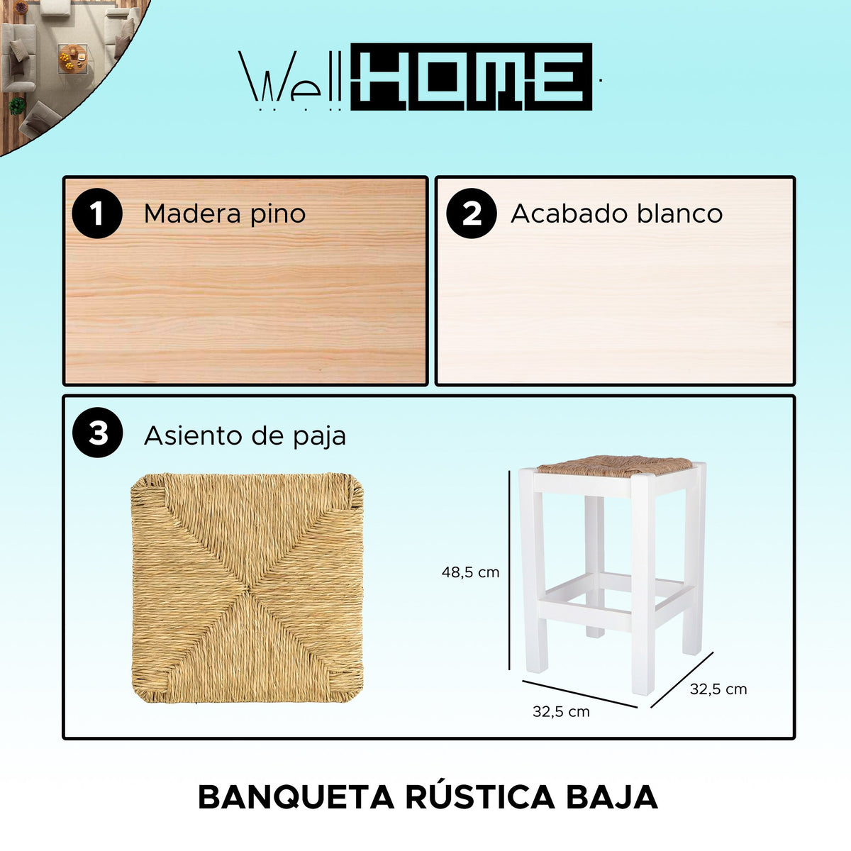 Banqueta rústica baja cuadrada madera blanco 32x32x48 cm (2)